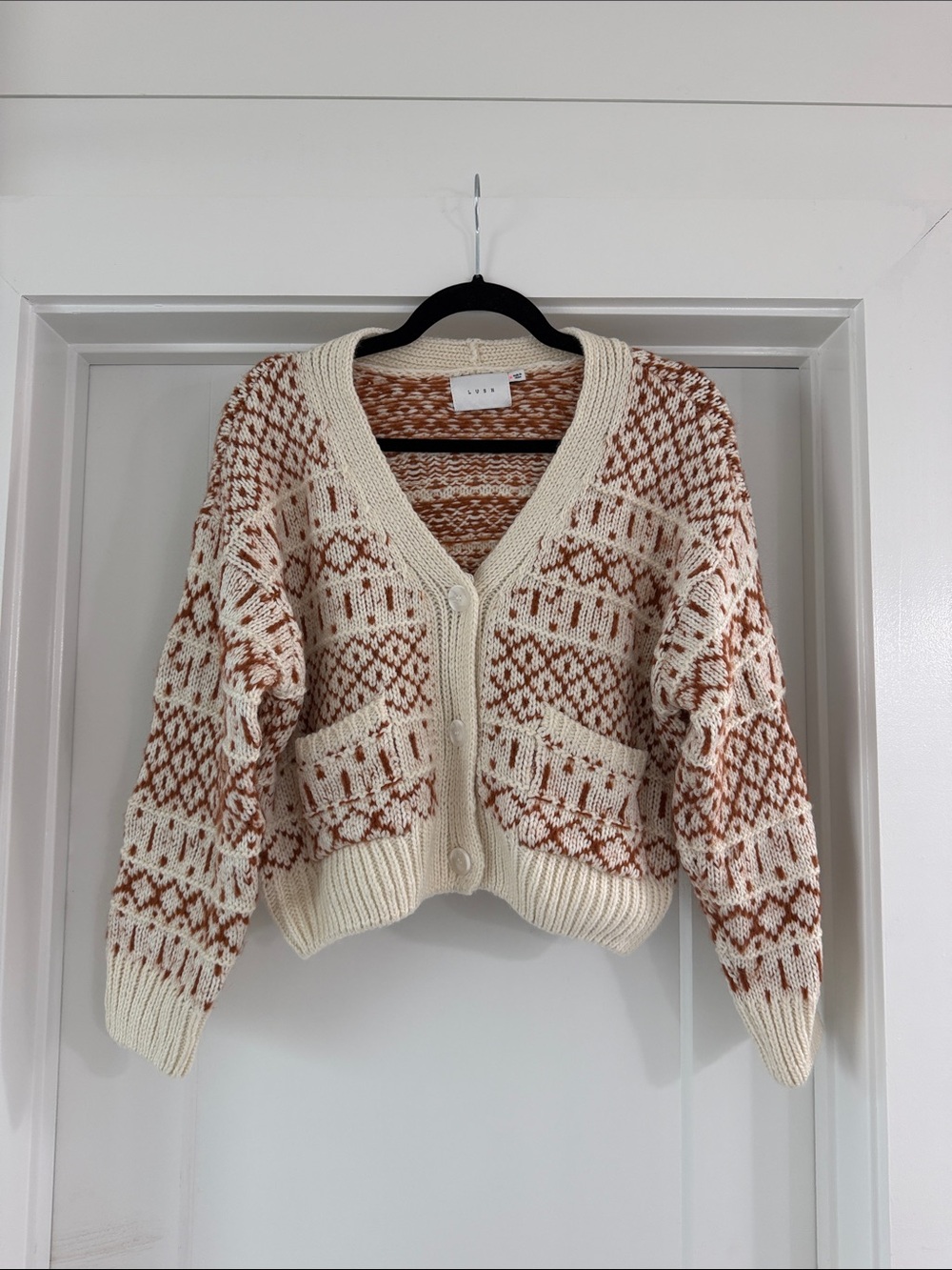 Lush Cozy Patterned Cream & Rust Knit Cardigan Sweater cropped